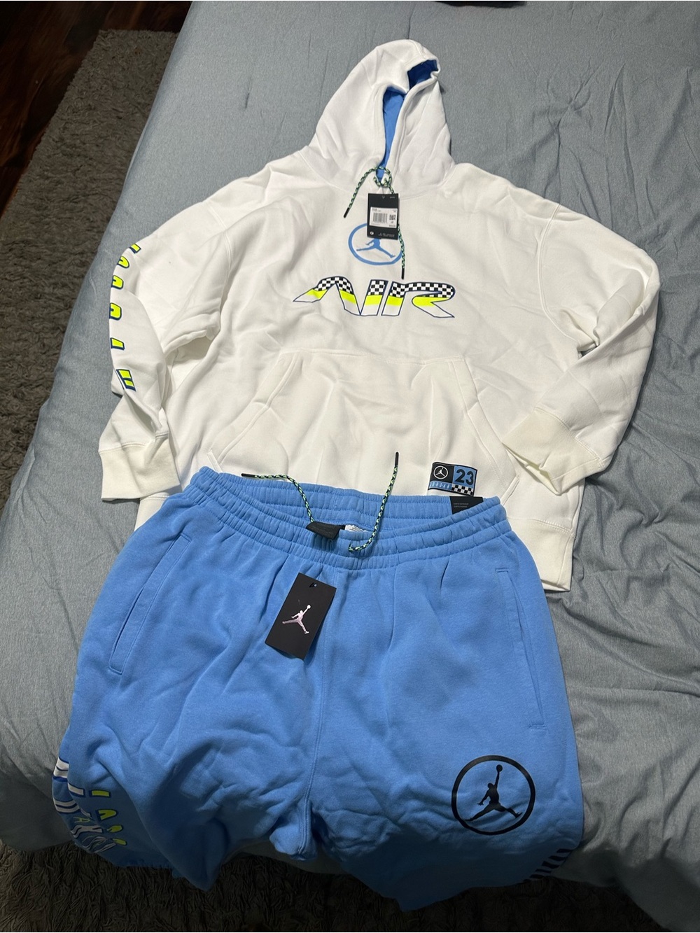 Jordan White Hoodie with Blue Shorts - Neon Accent AIR Graphic
